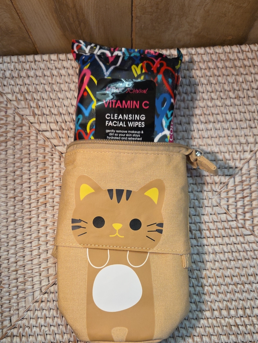 Cute Tan Cat Cosmetic Pouch with Colorful Vitamin C Facial Wipes